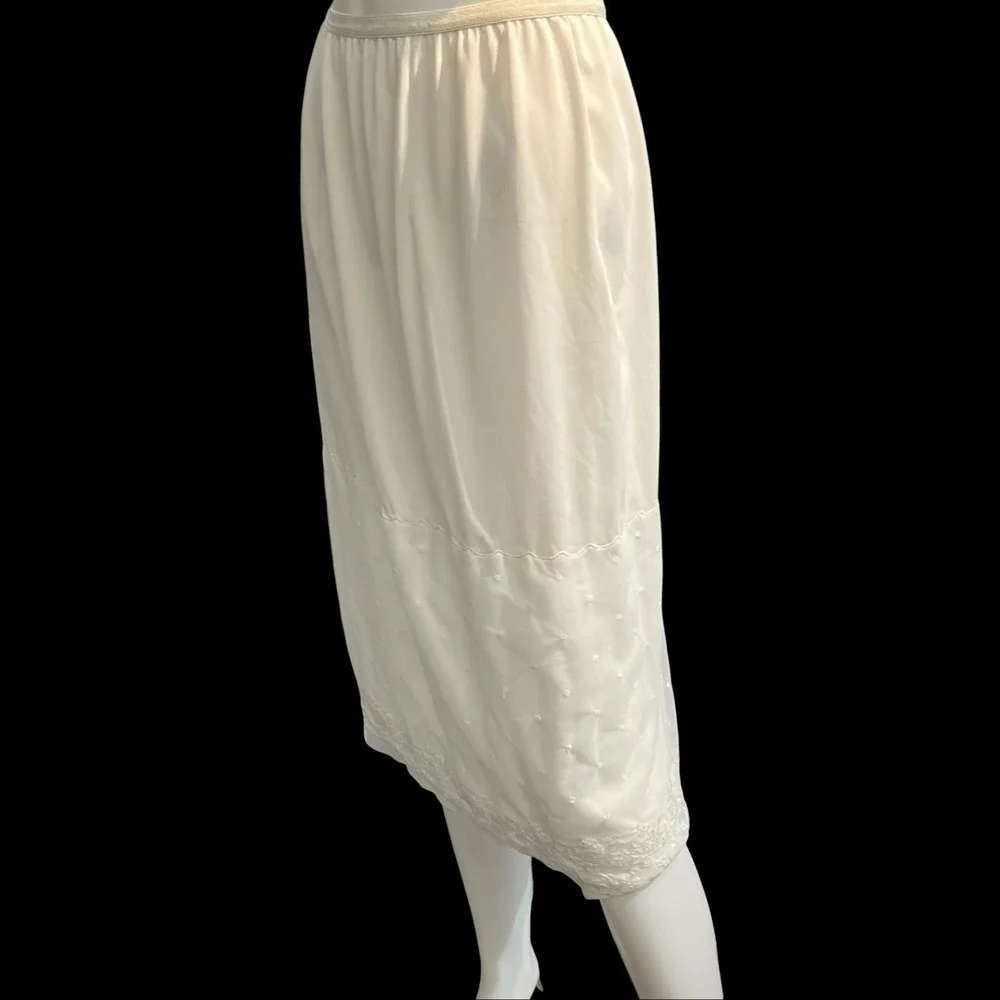 Vintage Sheer White Satin Skirt Embroidered Midi Fairy Romantic Feminine Cottage